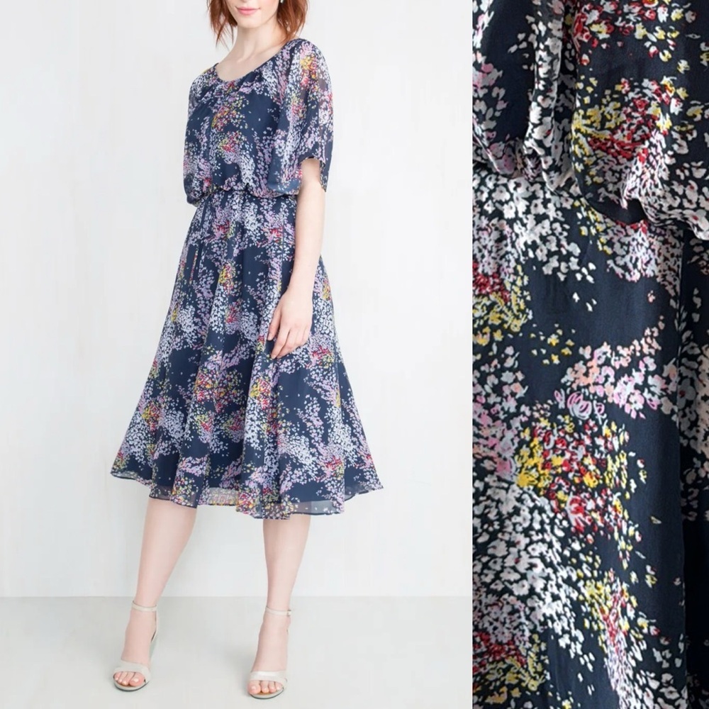 ModCloth Midi Dress Floral Flutter Sleeves Sz Small Flowy Boho Formal Pockets